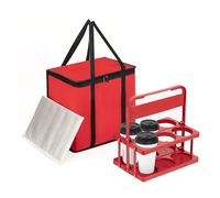 Reusable 6 Cup Drink Carrier with Handle and Insulated Food Delivery Bag, Portable Plastic Cup Caddy, 26L Grocery Cooler Box for Car Delivery, Travel, Picnic(Red)