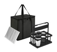 Reusable 6 Cup Drink Carrier with Handle and Insulated Food Delivery Bag, Portable Plastic Cup Caddy, 26L Grocery Cooler Box for Car Delivery, Travel, Picnic(Black)