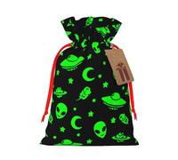 Reusable Alien Spaceships Planet Green Burlap Drawstring Xmas Present Bags, Rustic Gift Wrap Bags For Holiday Party And Xmas Presents