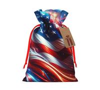 Reusable American-Flag-Stars-Flames Burlap Drawstring Xmas Present Bags, Rustic Gift Wrap Bags For Holiday Party And Xmas Presents