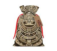 Reusable Ancient-Mayan-Calendar-Stone Burlap Drawstring Xmas Present Bags, Rustic Gift Wrap Bags For Holiday Party And Xmas Presents