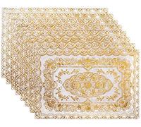 Reusable and Washable Set of 8, Soft Vinyl Lace Placemats or Doilies, Attractive Design Enhanced with Raised Detailing in Gold Metallic Provides You a Look and Feel of Embroidery. (Gold with White)
