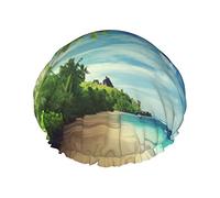 Reusable Bath Shower Caps for Women Long Hair Beach Sunset Tranquil Printed Double Layer Waterproof Bathing Shower Hat