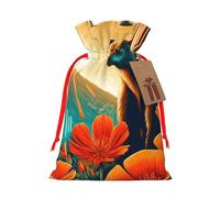 Reusable California-Poppies-Bear Burlap Drawstring Xmas Present Bags, Rustic Gift Wrap Bags For Holiday Party And Xmas Presents