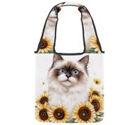 Reusable Canvas Tote Bags, Multi-Purpose Cloth Bags for Grocery Shopping Work Travel - Aesthetic Watercolor Cat with Sunflowers