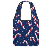 Reusable Canvas Tote Bags, Multi-Purpose Cloth Bags for Grocery Shopping Work Travel - Christmas Candy Cane and Snowflake Pattern