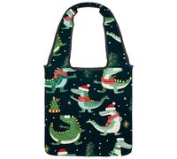 Reusable Canvas Tote Bags, Multi-Purpose Cloth Bags for Grocery Shopping Work Travel - Funny Doodle Christmas Crocodile Pattern