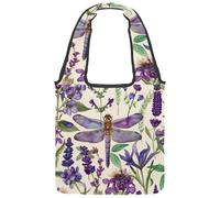 Reusable Canvas Tote Bags, Multi-Purpose Cloth Bags for Grocery Shopping Work Travel - Purple Dragonfly Wildflowers Floral Herbs