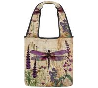 Reusable Canvas Tote Bags, Multi-Purpose Cloth Bags for Grocery Shopping Work Travel - Purple Dragonfly Wildflowers Floral Herbs Antique Pattern