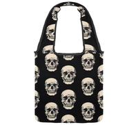 Reusable Canvas Tote Bags, Multi-Purpose Cloth Bags for Grocery Shopping Work Travel - Skull Doodle on Black Background