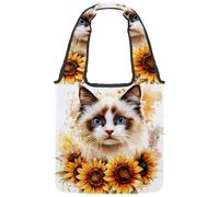 Reusable Canvas Tote Bags, Multi-Purpose Cloth Bags for Grocery Shopping Work Travel - Watercolor Cat with Sunflowers Flowers