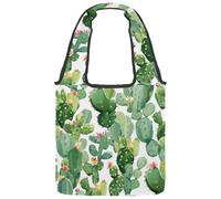 Reusable Canvas Tote Bags, Multi-Purpose Cloth Bags for Grocery Shopping Work Travel - Watercolor Seamless Tropical Green Cactus