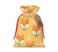 Reusable Cartoon Fox Pattern Burlap Drawstring Xmas Present Bags, Rustic Gift Wrap Bags For Holiday Party And Xmas Presents