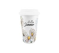 Reusable Ceramic Daisies Travel Mug - Hello Summer - Silicone Lid Double-Walled Insulated Hot/Cold Drinks Tea Coffee Gift Mug
