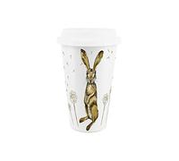 Reusable Ceramic Travel Mug - Hares & Dandelions - Silicone Lid Double-Walled Insulated Hot/Cold Drinks Tea Coffee Gift Mug