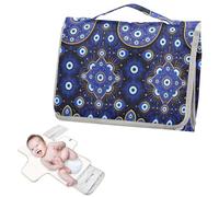 Reusable Changing mat with Tissue Pocket Evil Eye Hamsa Hand Pattern Blue Yellow Waterproof Pads for Baby with Built-in Pillow cambiador de pa?ales para Bebes
