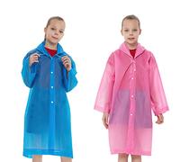 Reusable Children Raincoat 2Pcs Waterproof Rain Poncho for Kids Portable Kids Raincoat Rain Jacket with Hood Clear EVA Emergency Raincoats Travel Raincoat for Girls Boys(Pink, Blue)