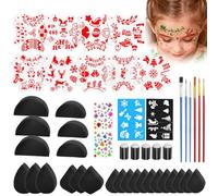 Reusable Children's Make-Up Set, Includes 12 Stencils for Children's Make-Up, 10 Pieces Per Brush, 24 Sponges and 5 Finger Covers, 2 Glitter Stickers Suitable for Children, Christmas