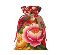 Reusable Chinese-Birds-Bulbuls-Peonies Burlap Drawstring Xmas Present Bags, Rustic Gift Wrap Bags For Holiday Party And Xmas Presents