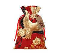Reusable Chinese-Cranes-Peonies-Longevity Burlap Drawstring Xmas Present Bags, Rustic Gift Wrap Bags For Holiday Party And Xmas Presents