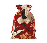 Reusable Chinese-Prosperity-Cranes-Peonies Burlap Drawstring Xmas Present Bags, Rustic Gift Wrap Bags For Holiday Party And Xmas Presents