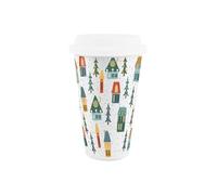 Reusable Christmas Ceramic Travel Mug - Christmas Houses Festive Design - Silicone Lid Double-Walled Insulated Hot/Cold Drinks Tea Coffee Gift Mug