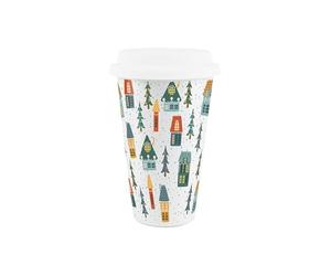 Reusable Christmas Ceramic Travel Mug - Christmas Houses Festive Design - Silicone Lid Double-Walled Insulated Hot/Cold Drinks Tea Coffee Gift Mug