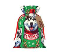 Reusable Christmas-Siberian-Huskies-Snowflakes Burlap Drawstring Xmas Present Bags, Rustic Gift Wrap Bags For Holiday Party And Xmas Presents