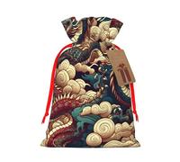 Reusable Cloud-Dragon-China-Japanese Burlap Drawstring Xmas Present Bags, Rustic Gift Wrap Bags For Holiday Party And Xmas Presents