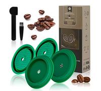 Reusable Coffee Capsule Lid, Compatible with Nespresso Vertuo Pods and VertuoLine Capsules, Coffee Filter Refillable, Food Grade Silicone with Spoon and Brush - Pack of 4 (Green)
