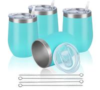 Reusable Coffee Cup, Double Walled -Insulated Travel Mug Vacuum Stainless Steel Wine Tumbler with Spill Proof Lid, Great for Hot & Cold Drinks - Coffee, Wine, 12oz/340ml (4 Piece Set, Aqua Blue)
