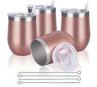 Reusable Coffee Cup, Double Walled -Insulated Travel Mug Vacuum Stainless Steel Wine Tumbler with Spill Proof Lid, Great for Hot & Cold Drinks - Coffee, Wine, 12oz/340ml (4 Piece Set, Rose Gold)