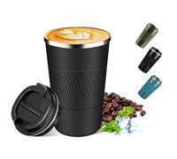 Reusable Coffee Cup Travel Mug, 380ml Insulated Coffee Cup with Leakproof Lid, Double Walled Stainless Steel Thermal Coffee Mug for Hot Cold Drinks, Portable Travel Mug for Car Outdoor Office (Black)