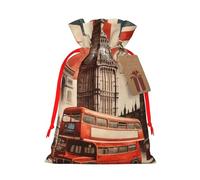 Reusable Collage-Icons-Of-London Burlap Drawstring Xmas Present Bags, Rustic Gift Wrap Bags For Holiday Party And Xmas Presents
