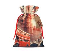 Reusable Collage-Vintage-Of-London Burlap Drawstring Xmas Present Bags, Rustic Gift Wrap Bags For Holiday Party And Xmas Presents
