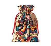 Reusable Colorful-Egypt-Gods Burlap Drawstring Xmas Present Bags, Rustic Gift Wrap Bags For Holiday Party And Xmas Presents