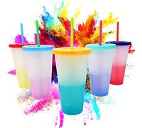 Reusable Colour Changing Plastic Cups with Lids and Straws. Perfect Tumbler for a Kids Party, iced Coffee and slushies. Set of 5