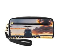 Reusable Cosmetic Makeup Bag â€“ Aircraft Plane at Sunset Print Leather Small Makeup Bag for Travel, Toiletry Organizer with Zipper, Black, One Size