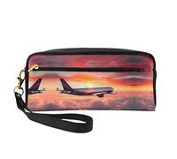 Reusable Cosmetic Makeup Bag – Airplane Sunsets Sky Print Leather Small Makeup Bag for Travel, Toiletry Organizer with Zipper, Black, One Size