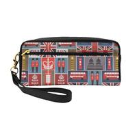 Reusable Cosmetic Makeup Bag – England Symbols Print Leather Small Makeup Bag for Travel, Toiletry Organizer with Zipper, Black, One Size