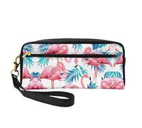 Reusable Cosmetic Makeup Bag – Flamingo bird Green Plant Leaf Print Leather Small Makeup Bag for Travel, Toiletry Organizer with Zipper, Black, One Size