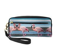 Reusable Cosmetic Makeup Bag – flamingos on the beach Print Leather Small Makeup Bag for Travel, Toiletry Organizer with Zipper, Black, One Size