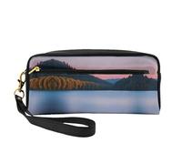 Reusable Cosmetic Makeup Bag â€“ Lake under Sunset Print Leather Small Makeup Bag for Travel, Toiletry Organizer with Zipper, Black, One Size