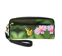 Reusable Cosmetic Makeup Bag â€“ Spring Floral Butterfly Print Leather Small Makeup Bag for Travel, Toiletry Organizer with Zipper, Black, One Size