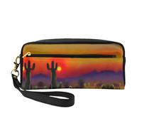 Reusable Cosmetic Makeup Bag â€“ Sunset Cactus in Desert Print Leather Small Makeup Bag for Travel, Toiletry Organizer with Zipper, Black, One Size