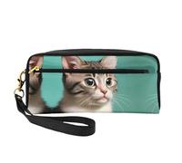 Reusable Cosmetic Makeup Bag â€“ Travel Toiletry Organizer, A Curious cat Full-Print Leather Small Pouch for Women