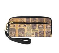 Reusable Cosmetic Makeup Bag â€“ Travel Toiletry Organizer, Full Design Aloha Tiki Pattern Print Leather Pouch for Women, Black, One Size