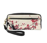 Reusable Cosmetic Makeup Bag â€“ Travel Toiletry Organizer, Full Design Japanese Floral Cherry Blossom Print Leather Pouch for Women, Black, One Size