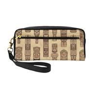 Reusable Cosmetic Makeup Bag â€“ Travel Toiletry Organizer, Full Design Vintage Aloha Tiki Pattern Print Leather Pouch for Women, Black, One Size
