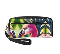 Reusable Cosmetic Makeup Bag – Tropical flamingos and pineapples Print Leather Small Makeup Bag for Travel, Toiletry Organizer with Zipper, Black, One Size